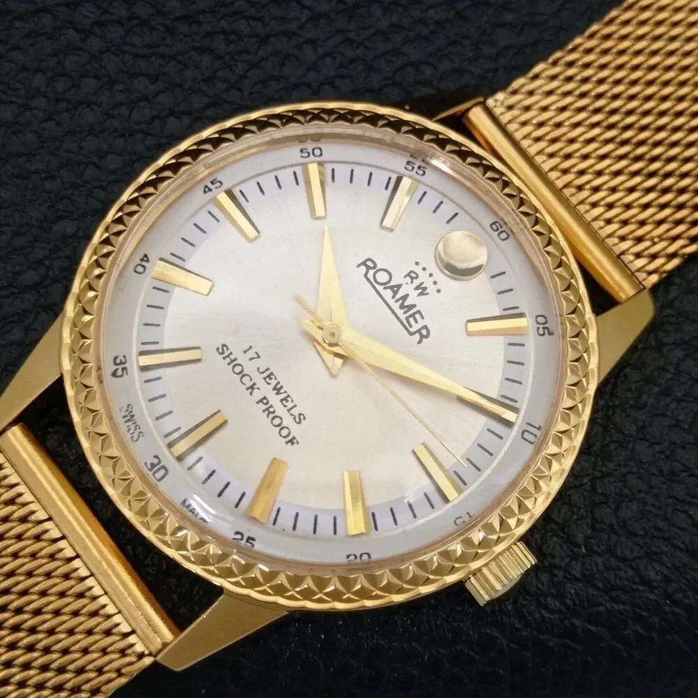 Vintage 1973 Roamer Manual Mens Gold Watch W/Metal Strap & Silver accents